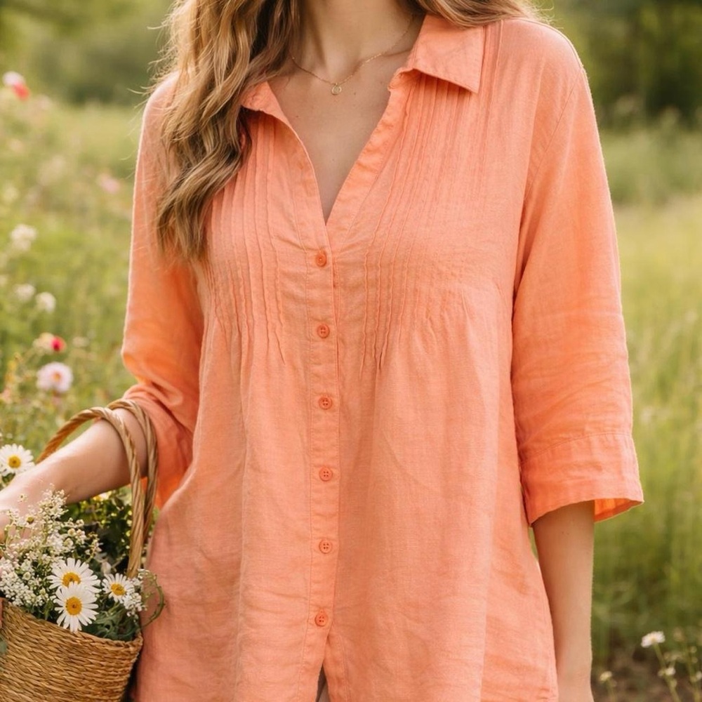 Vintage 100% Linen Orange Pintuck Blouse Button Up XL Coastal Resort Lagenlook